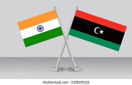 Crossed flags of Libya and India. Official colors. Correct proportion. Banner design