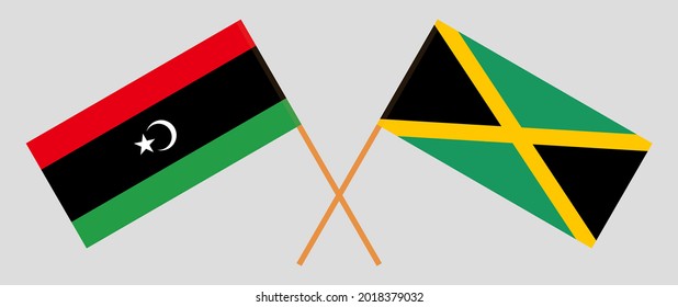 Crossed flags of Libya and Jamaica. Official colors. Correct proportion