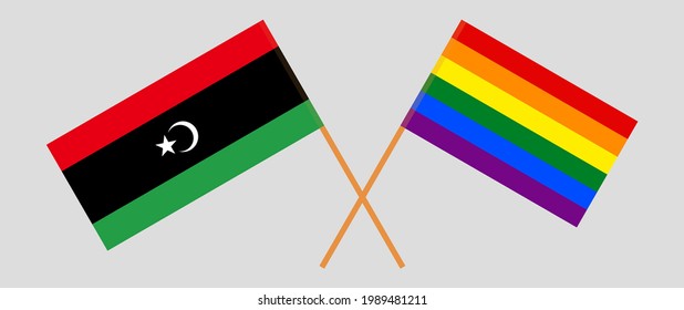 Crossed flags of Libya and LGBTQ. Official colors. Correct proportion