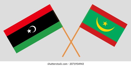 Banderas cruzadas de Libia y Mauritania. Colores oficiales. Proporción correcta