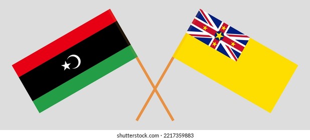 Gekreuzte Flaggen von Libyen und Niue. Offizielle Farben. Richtiger Anteil. Vektorgrafik
