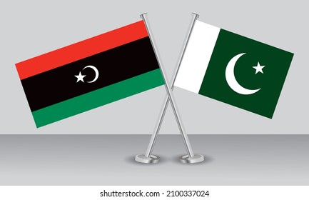 Crossed flags of Libya and Pakistan. Official colors. Correct proportion. Banner design