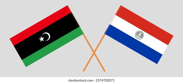 Crossed flags of Libya and Republic of Paraguay. Official colors. Correct proportion. Vector illustration.
