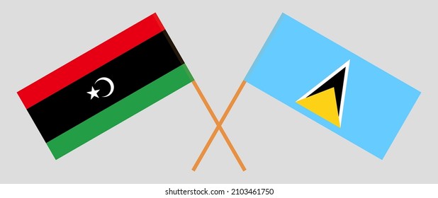 Crossed flags of Libya and Saint Lucia. Official colors. Correct proportion. Vector illustration
