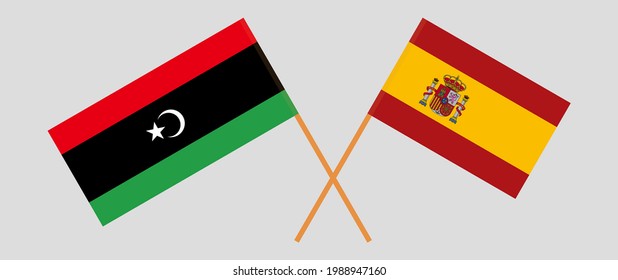 Crossed flags of Libya and Spain. Official colors. Correct proportion