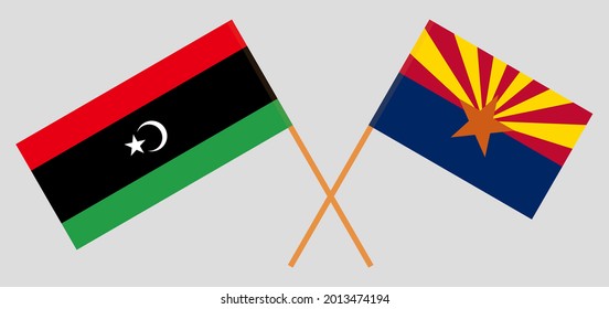 Banderas cruzadas de Libia y el estado de Arizona. Colores oficiales. Proporción correcta