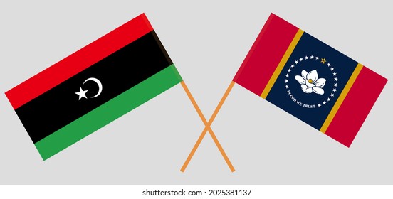 Crossed flags of Libya and the State of Mississippi. Official colors. Correct proportion
