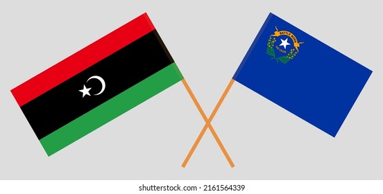 Crossed flags of Libya and The State of Nevada. Official colors. Correct proportion