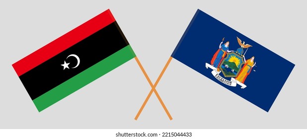 Crossed flags of Libya and The State of New York. Official colors. Correct proportion. Vector illustration
