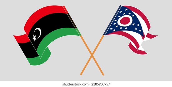 Banderas cruzadas de Libia y el estado de Ohio. Colores oficiales. Proporción correcta. Ilustración del vector
