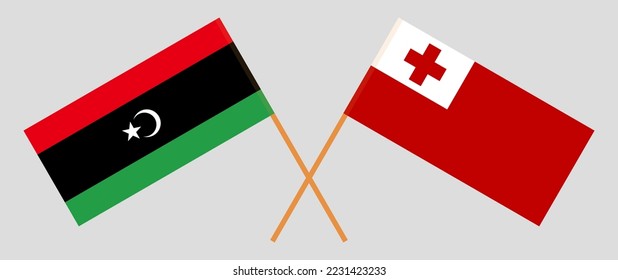 Crossed flags of Libya and Tonga. Official colors. Correct proportion. Vector illustration
