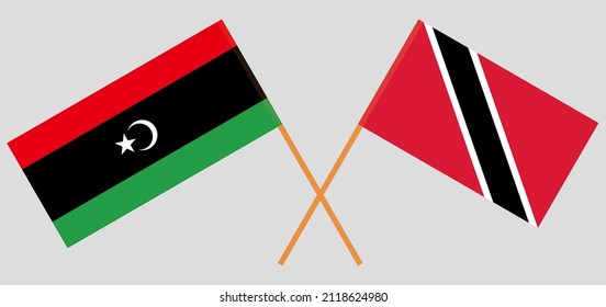 Banderas cruzadas de Libia y Trinidad y Tobago. Colores oficiales. Proporción correcta. Ilustración del vector
