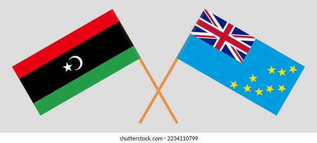 Crossed flags of Libya and Tuvalu. Official colors. Correct proportion. Vector illustration
