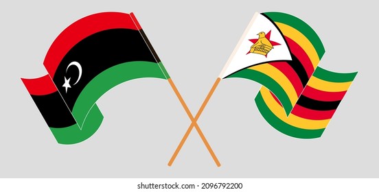 Заголовок: Crossed flags of Libya and Zimbabwe. Official colors. Correct proportion

