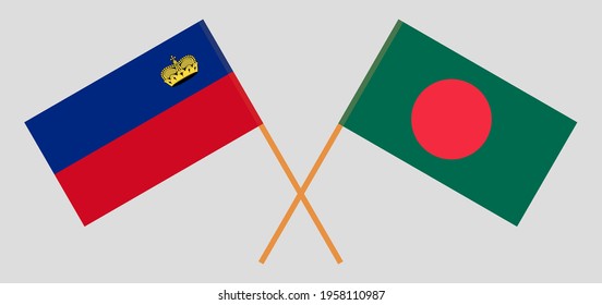 Crossed flags of Liechtenstein and Bangladesh. Official colors. Correct proportion