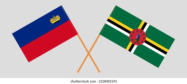 Crossed flags of Liechtenstein and Dominica. Official colors. Correct proportion. Vector illustration
