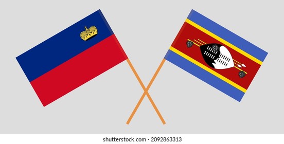 Crossed flags of Liechtenstein and Eswatini. Official colors. Correct proportion. Vector illustration
