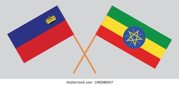 Crossed flags of Liechtenstein and Ethiopia. Official colors. Correct proportion