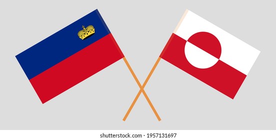 Crossed flags of Liechtenstein and Greenland. Official colors. Correct proportion
