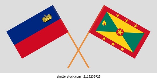 Crossed flags of Liechtenstein and Grenada. Official colors. Correct proportion. Vector illustration
