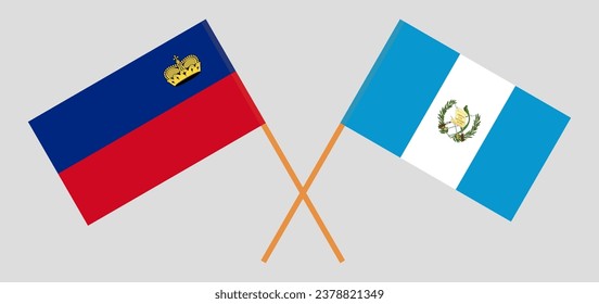 Crossed flags of Liechtenstein and Guatemala. Official colors. Correct proportion. Vector illustration
