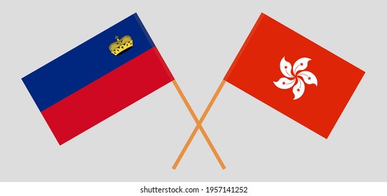 Crossed flags of Liechtenstein and Hong Kong. Official colors. Correct proportion