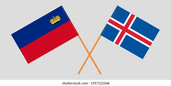 Crossed flags of Liechtenstein and Iceland. Official colors. Correct proportion