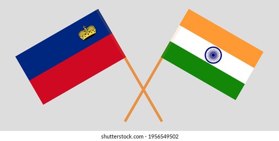 Crossed flags of Liechtenstein and India. Official colors. Correct proportion