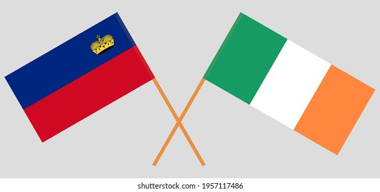 Crossed flags of Liechtenstein and Ireland. Official colors. Correct proportion