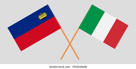Crossed flags of Liechtenstein and Italy. Official colors. Correct proportion