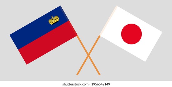 Crossed flags of Liechtenstein and Japan. Official colors. Correct proportion
