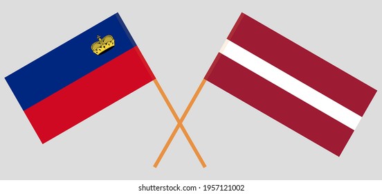 Crossed flags of Liechtenstein and Latvia. Official colors. Correct proportion