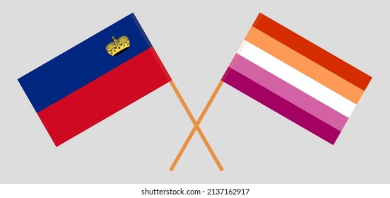 Crossed flags of Liechtenstein and Lesbian Pride. Official colors. Correct proportion. Vector illustration
