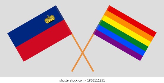 Crossed flags of Liechtenstein and LGBTQ. Official colors. Correct proportion
