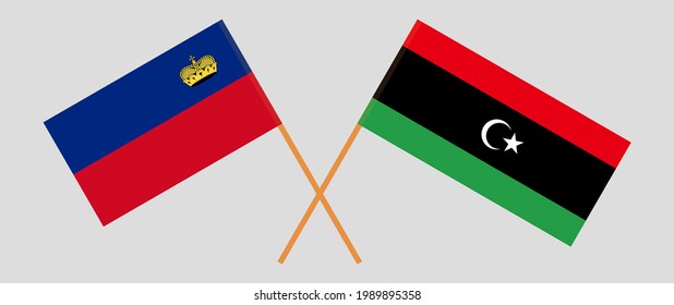 Crossed flags of Liechtenstein and Libya. Official colors. Correct proportion
