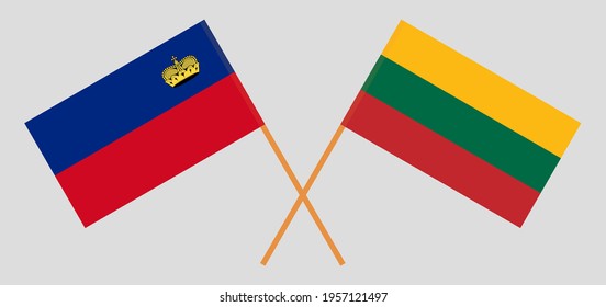 Crossed flags of Liechtenstein and Lithuania. Official colors. Correct proportion