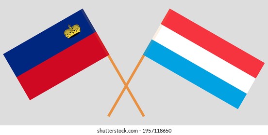 Crossed flags of Liechtenstein and Luxembourg. Official colors. Correct proportion