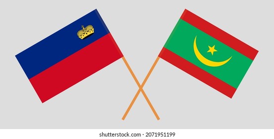 Crossed flags of Liechtenstein and Mauritania. Official colors. Correct proportion