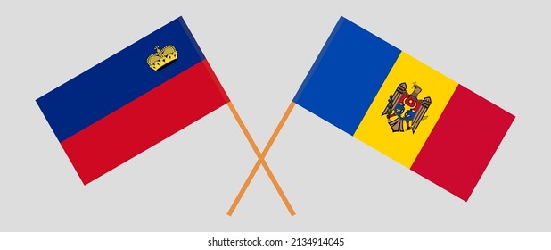 Crossed flags of Liechtenstein and Moldova. Official colors. Correct proportion. Vector illustration
