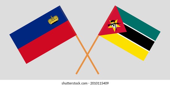 Crossed flags of Liechtenstein and Mozambique. Official colors. Correct proportion