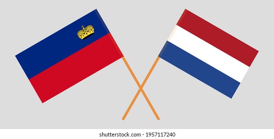 Crossed flags of Liechtenstein and the Netherlands. Official colors. Correct proportion