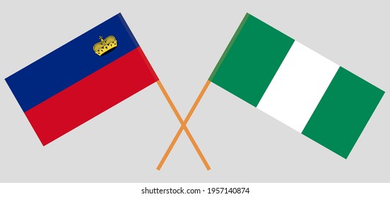 Crossed flags of Liechtenstein and Nigeria. Official colors. Correct proportion