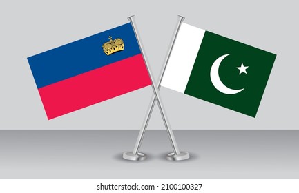 Crossed flags of Liechtenstein and Pakistan. Official colors. Correct proportion. Banner design