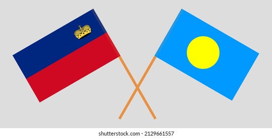 Crossed flags of Liechtenstein and Palau. Official colors. Correct proportion. Vector illustration