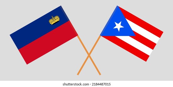 Crossed flags of Liechtenstein and Puerto Rico. Official colors. Correct proportion. Vector illustration
