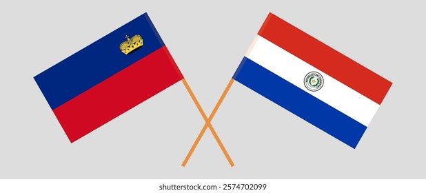 Crossed flags of Liechtenstein and Republic of Paraguay. Official colors. Correct proportion. Vector illustration.
