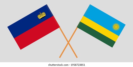 Crossed flags of Liechtenstein and Rwanda. Official colors. Correct proportion