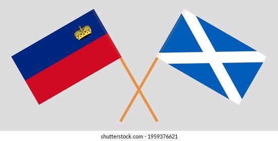 Crossed flags of Liechtenstein and Scotland. Official colors. Correct proportion