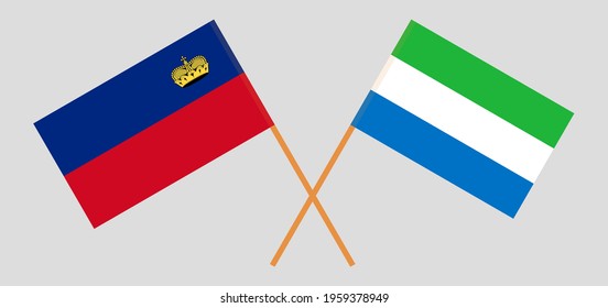 Crossed flags of Liechtenstein and Sierra Leone. Official colors. Correct proportion