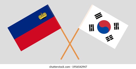 Crossed flags of Liechtenstein and South Korea. Official colors. Correct proportion